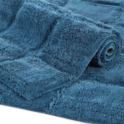 2 Piece Cotton Checkered Solid Non Slip Bath Rug Set - Sapphire