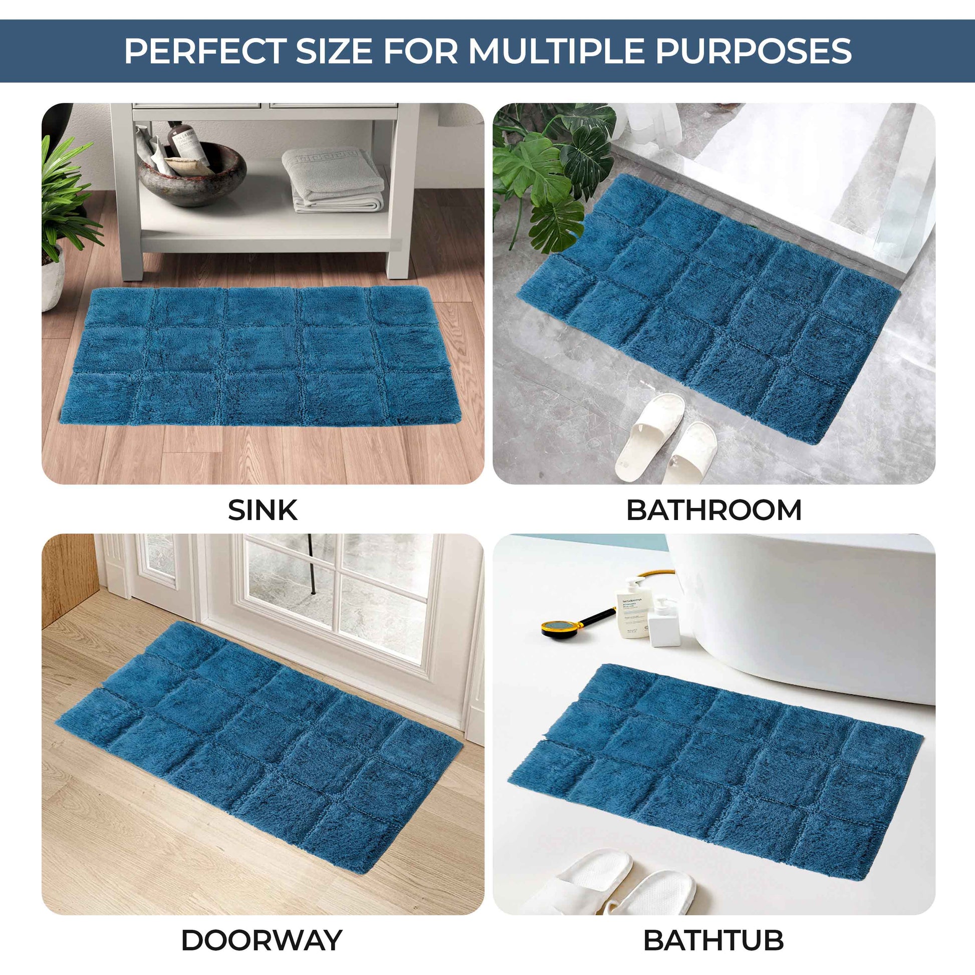 2 Piece Cotton Checkered Solid Non Slip Bath Rug Set - Sapphire