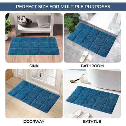 2 Piece Cotton Checkered Solid Non Slip Bath Rug Set - Sapphire