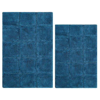 2 Piece Cotton Checkered Solid Non Slip Bath Rug Set - Sapphire