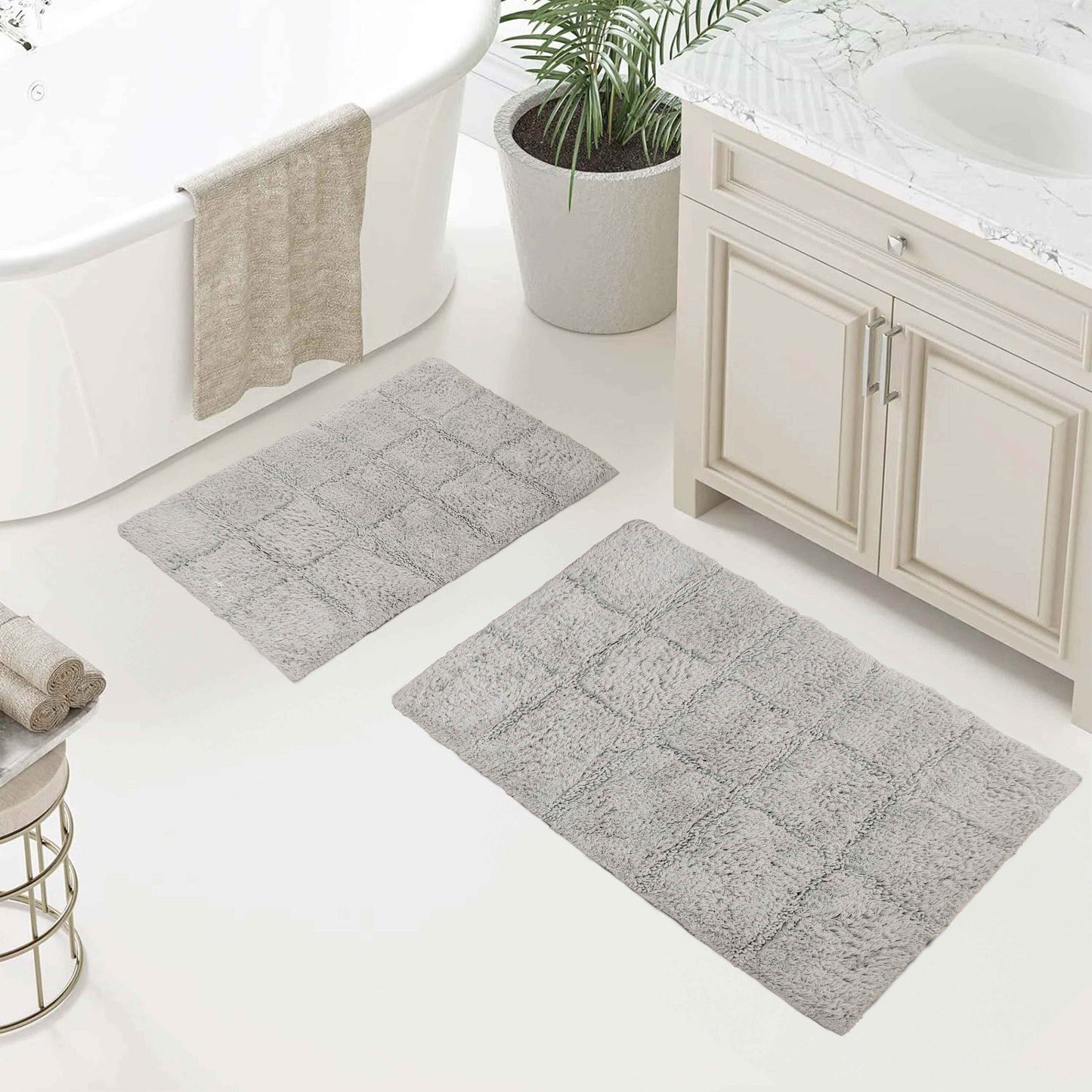 2 Piece Cotton Checkered Solid Non Slip Bath Rug Set - Silver