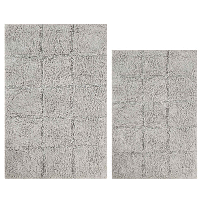 2 Piece Cotton Checkered Solid Non Slip Bath Rug Set - Silver