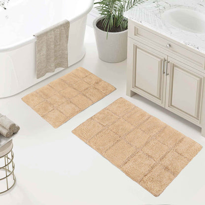 2 Piece Cotton Checkered Solid Non Slip Bath Rug Set - Taupe