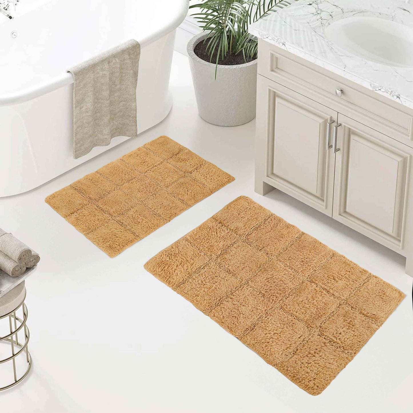 2 Piece Cotton Checkered Solid Non Slip Bath Rug Set - Toast