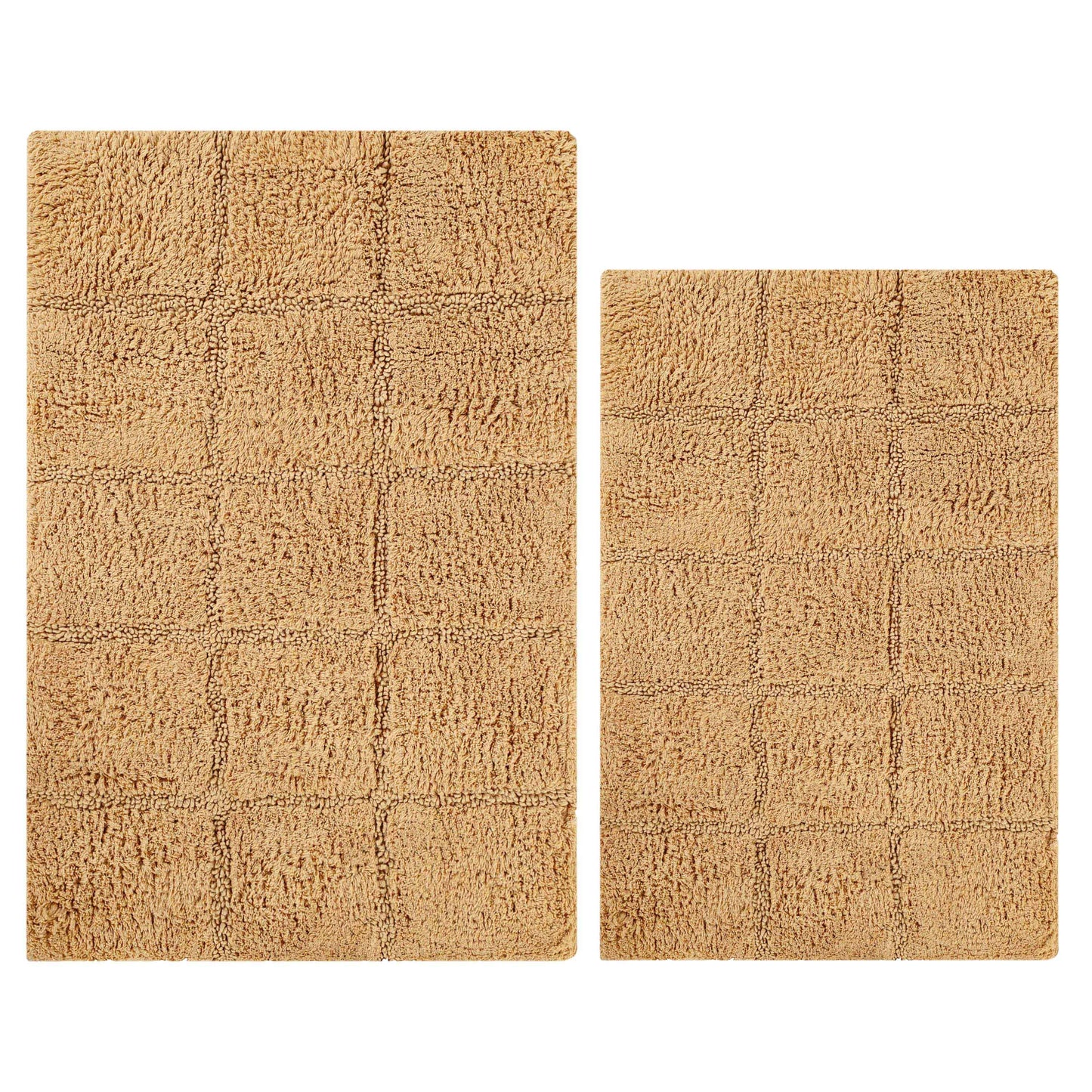 2 Piece Cotton Checkered Solid Non Slip Bath Rug Set - Toast