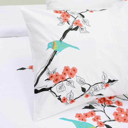 Superior Cherry Garden Embroidered Cotton Duvet Cover Set - Coral