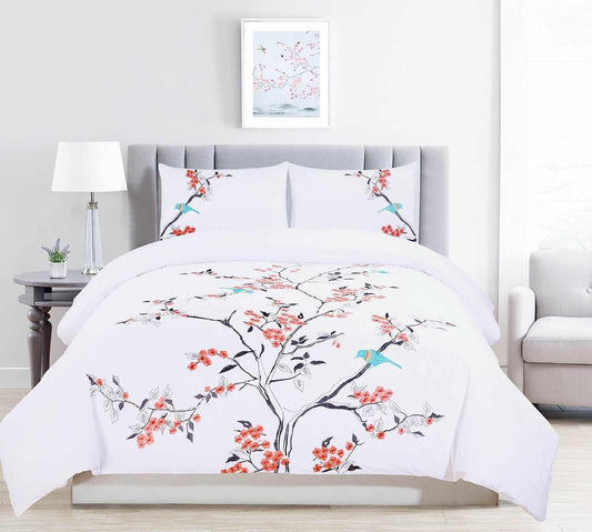 Superior Cherry Garden Embroidered Cotton Duvet Cover Set - Coral