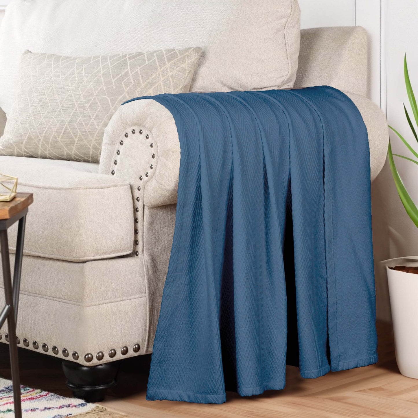 Chevron All-Season Cotton Blanket - Denim Blue