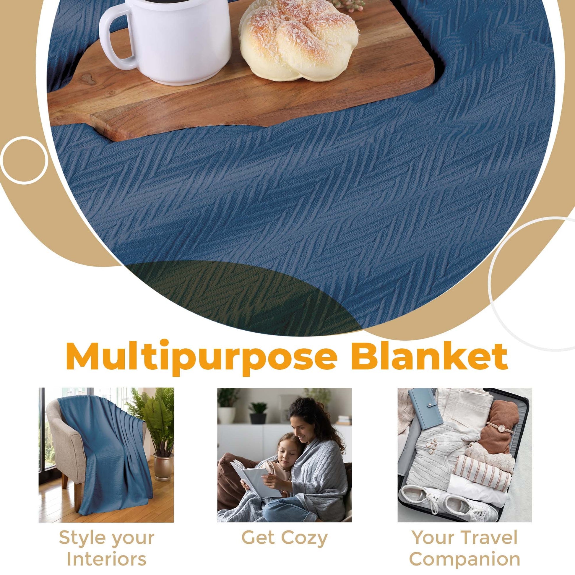 Chevron All-Season Cotton Blanket - Denim Blue