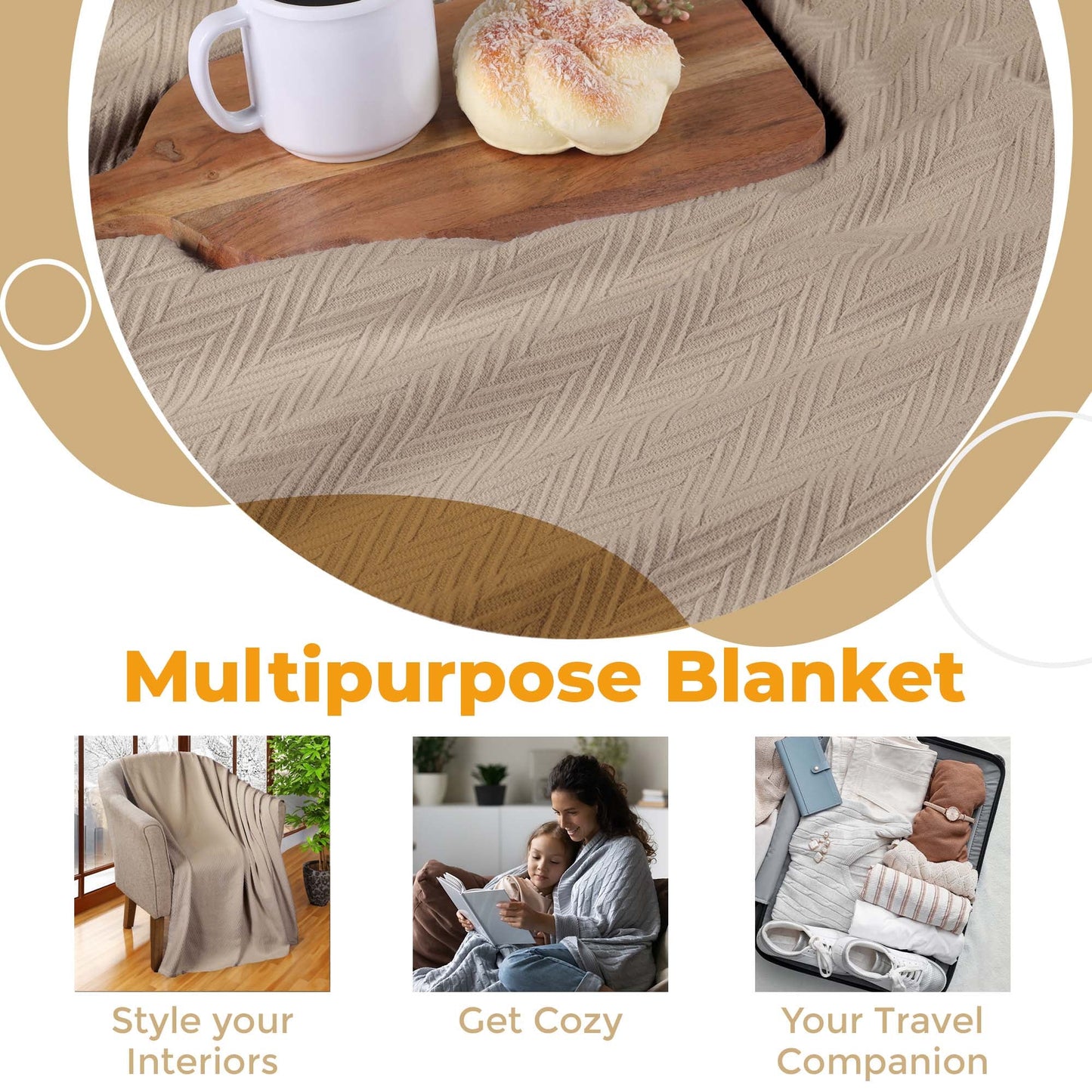 Chevron All-Season Cotton Blanket -Khaki