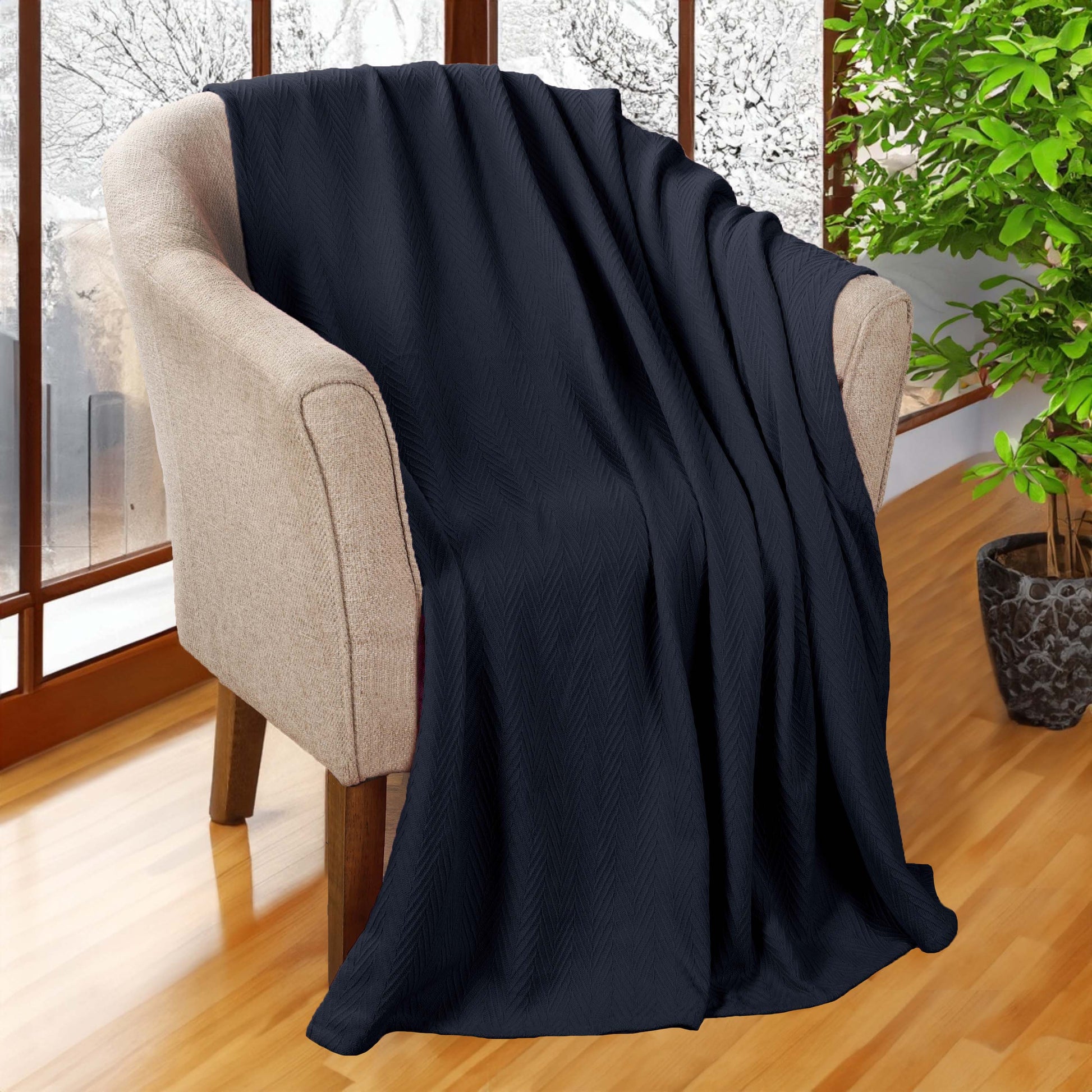 Chevron All-Season Cotton Blanket - Navy Blue