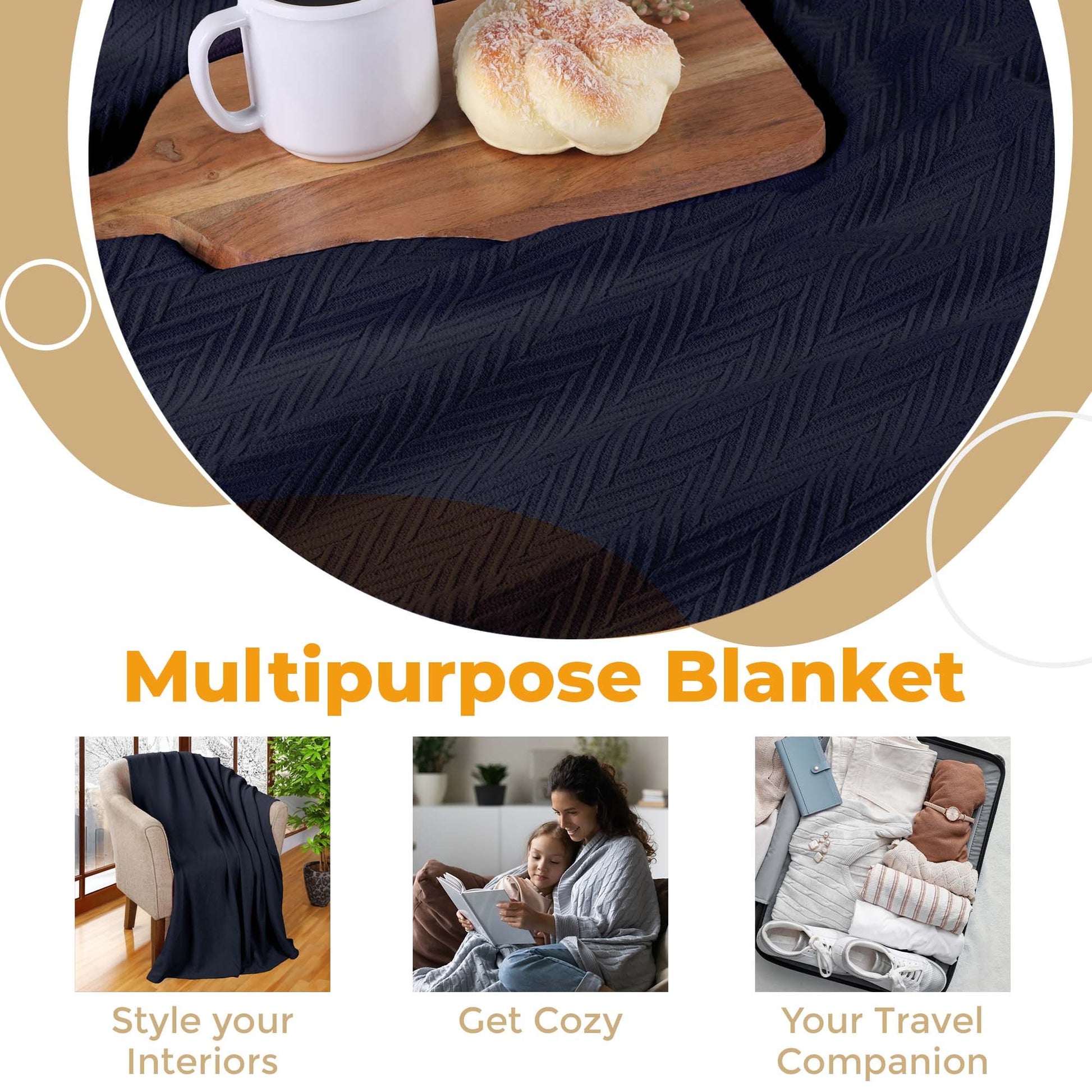 Chevron All-Season Cotton Blanket - Navy Blue