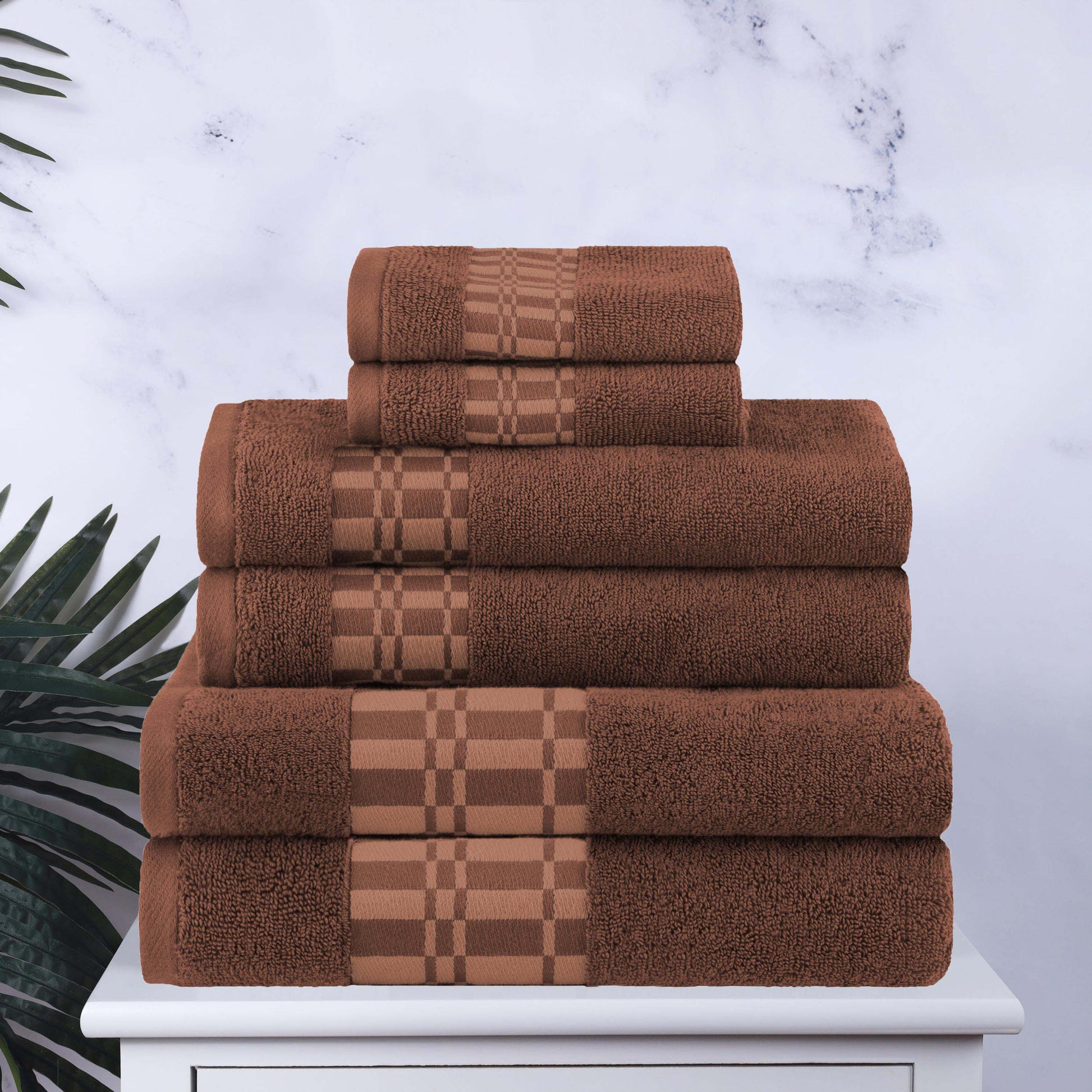Larissa Cotton Geometric Border 6 Piece Assorted Towel Set - Chocolate