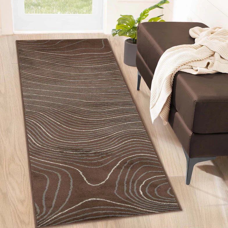 Veer Modern Abstract Wood Grain Indoor Area Rug or Runner - Chocolate