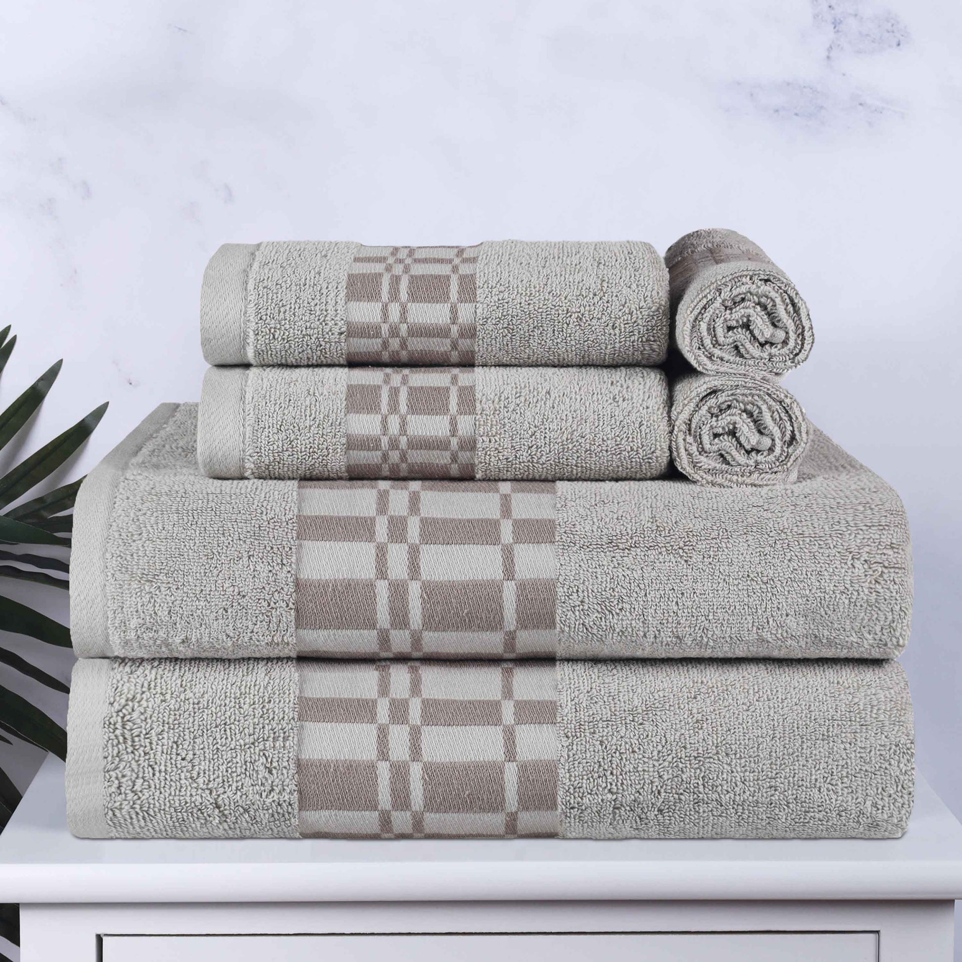 Larissa Cotton Geometric Border 6 Piece Assorted Towel Set - Chrome