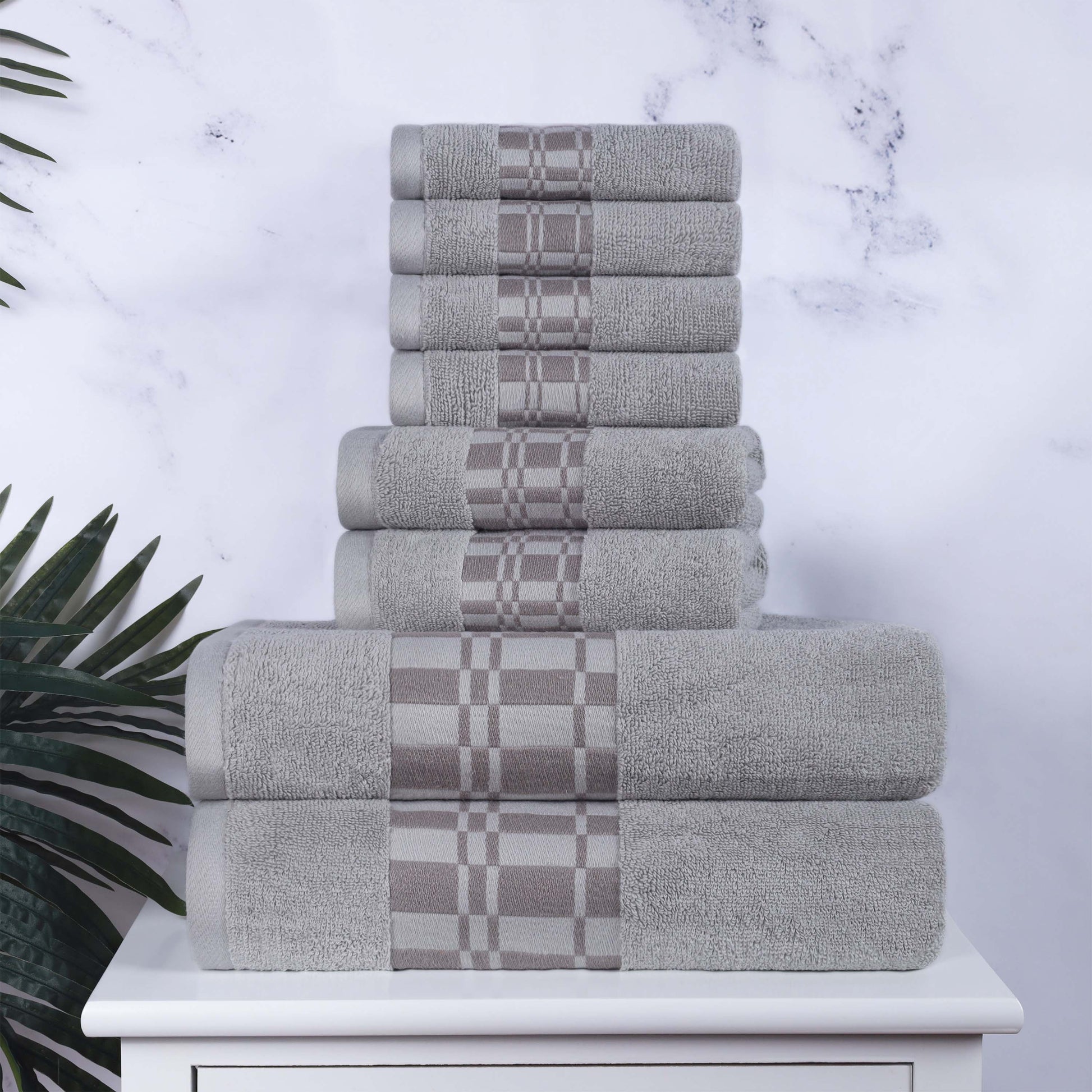 Larissa Cotton Geometric Border 8 Piece Assorted Towel Set - Chrome