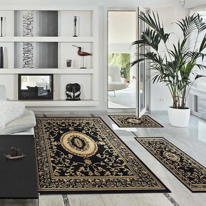 Superior Clementina Traditional Medallion 3-Piece Area Rug Set - Black
