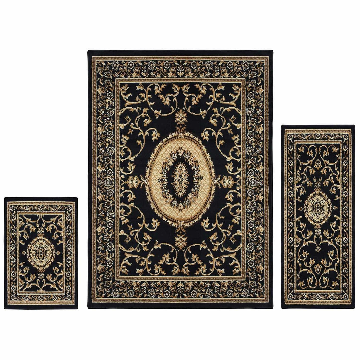Superior Clementina Traditional Medallion 3-Piece Area Rug Set - Black