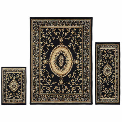 Superior Clementina Traditional Medallion 3-Piece Area Rug Set - Black