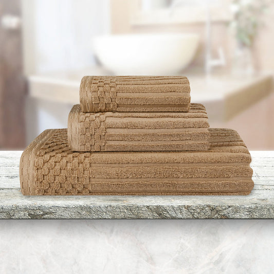 Soho Ribbed Cotton Absorbent 3 Piece Assorted Towel Set - Coffee