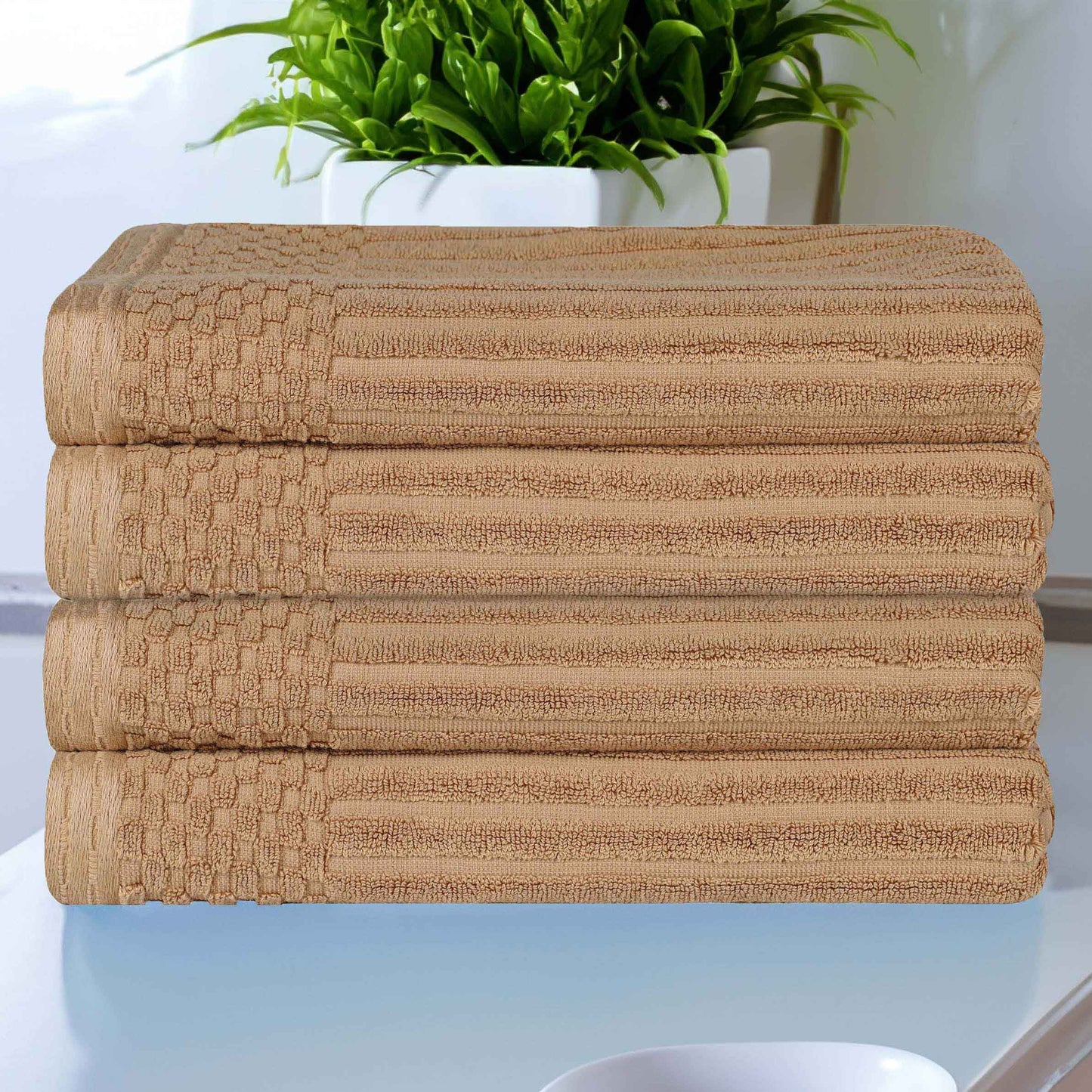 Soho Ribbed Cotton Absorbent Bath Towel Set of 4 - Coffee