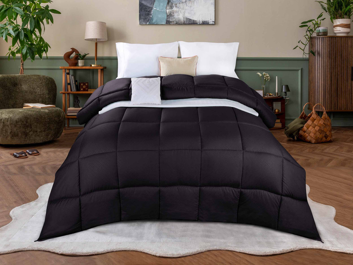 Monochrome Basketweave Plush Microfiber Down Alternative Comforter - Black