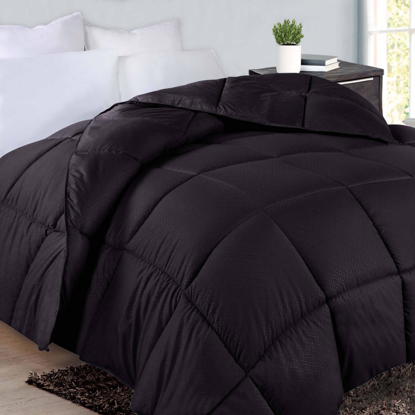 Monochrome Basketweave Plush Microfiber Down Alternative Comforter - Black