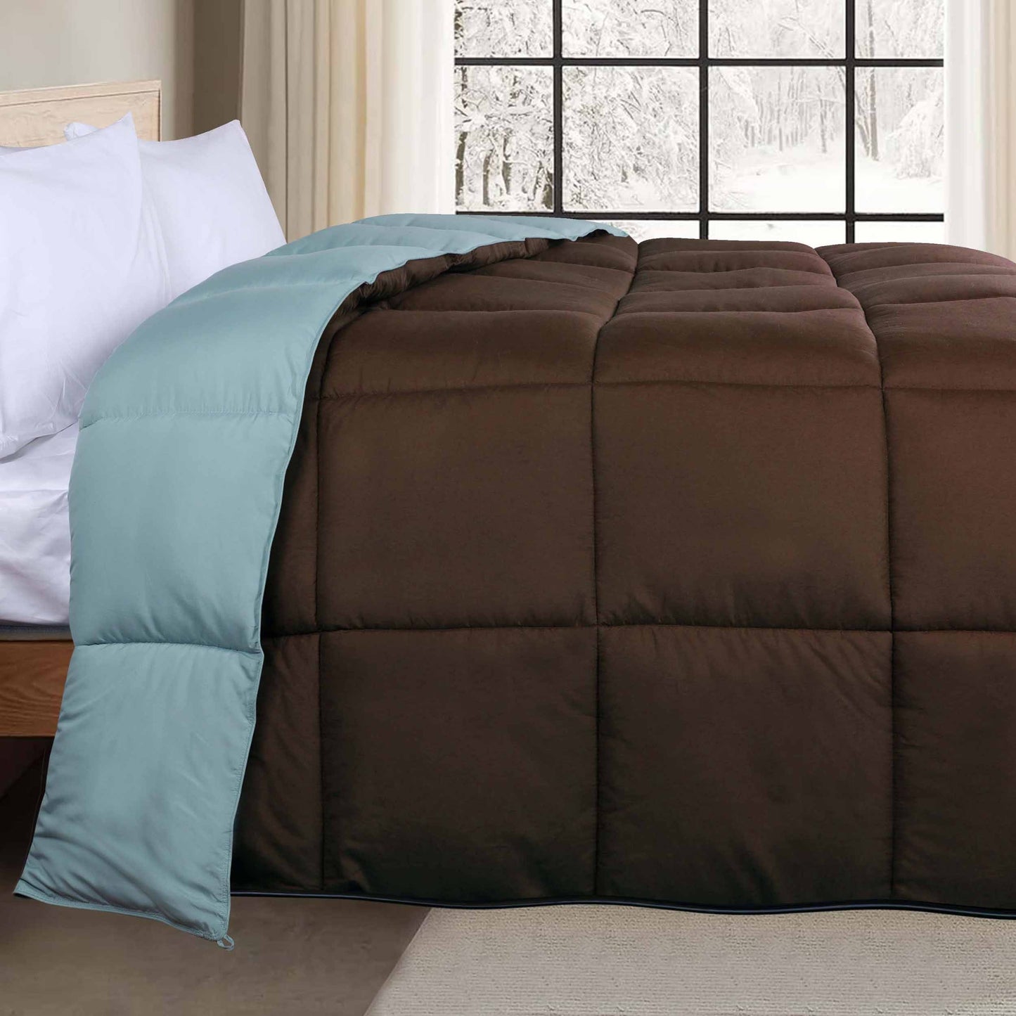 Brushed Microfiber Reversible Down Alternative Comforter - Choco-Sky Blue