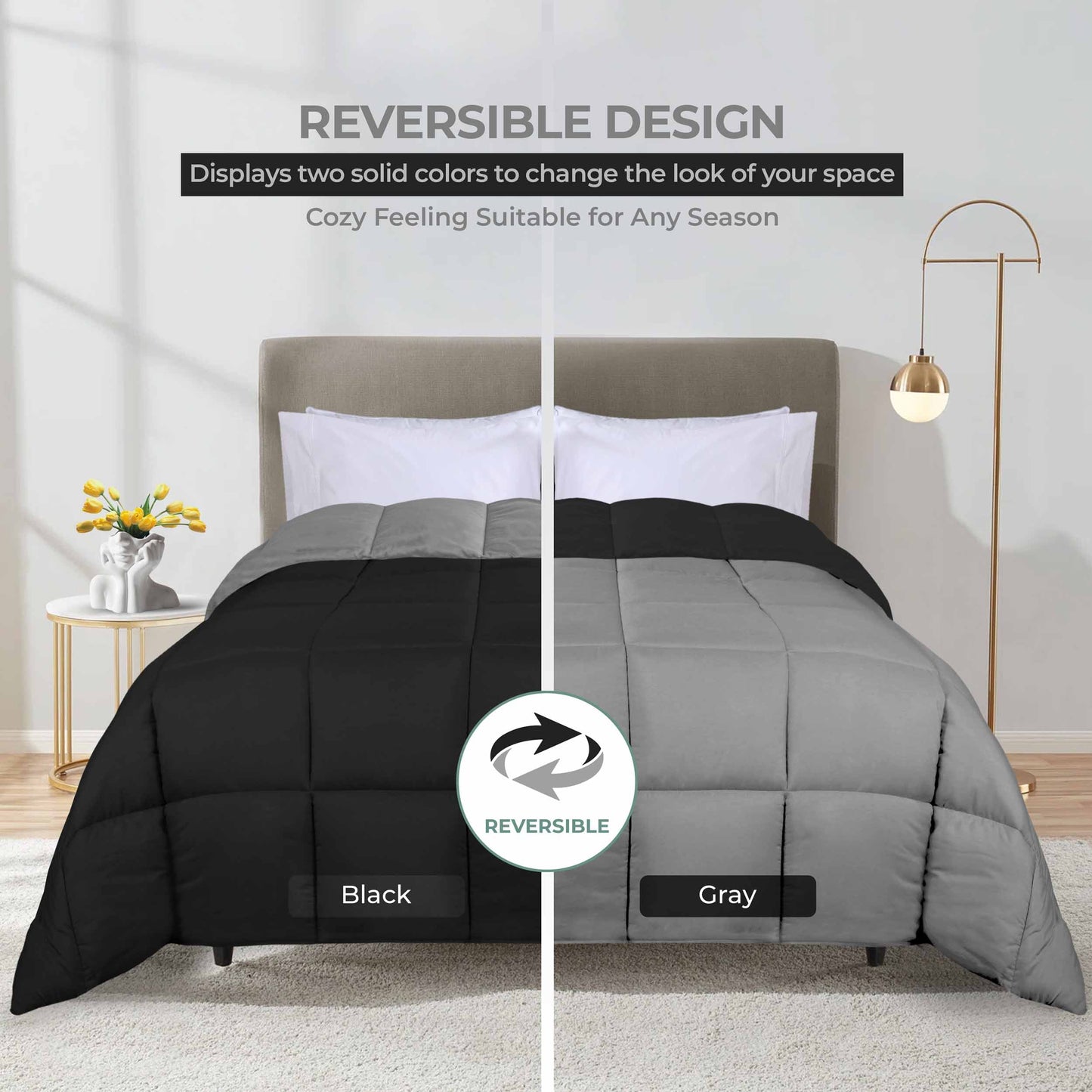 Brushed Microfiber Reversible Down Alternative Comforter - Black-Grey