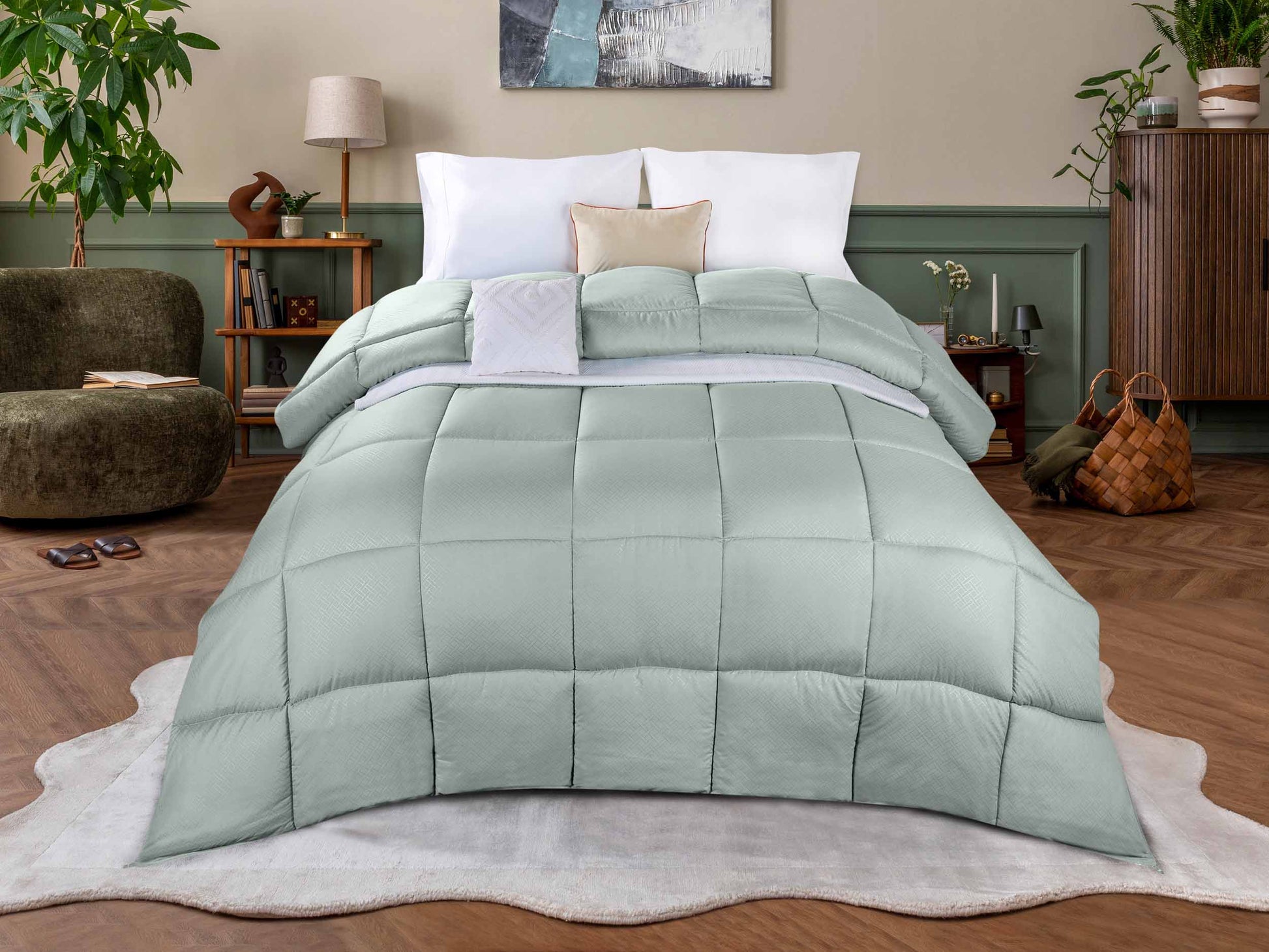 Monochrome Basketweave Plush Microfiber Down Alternative Comforter - Jade