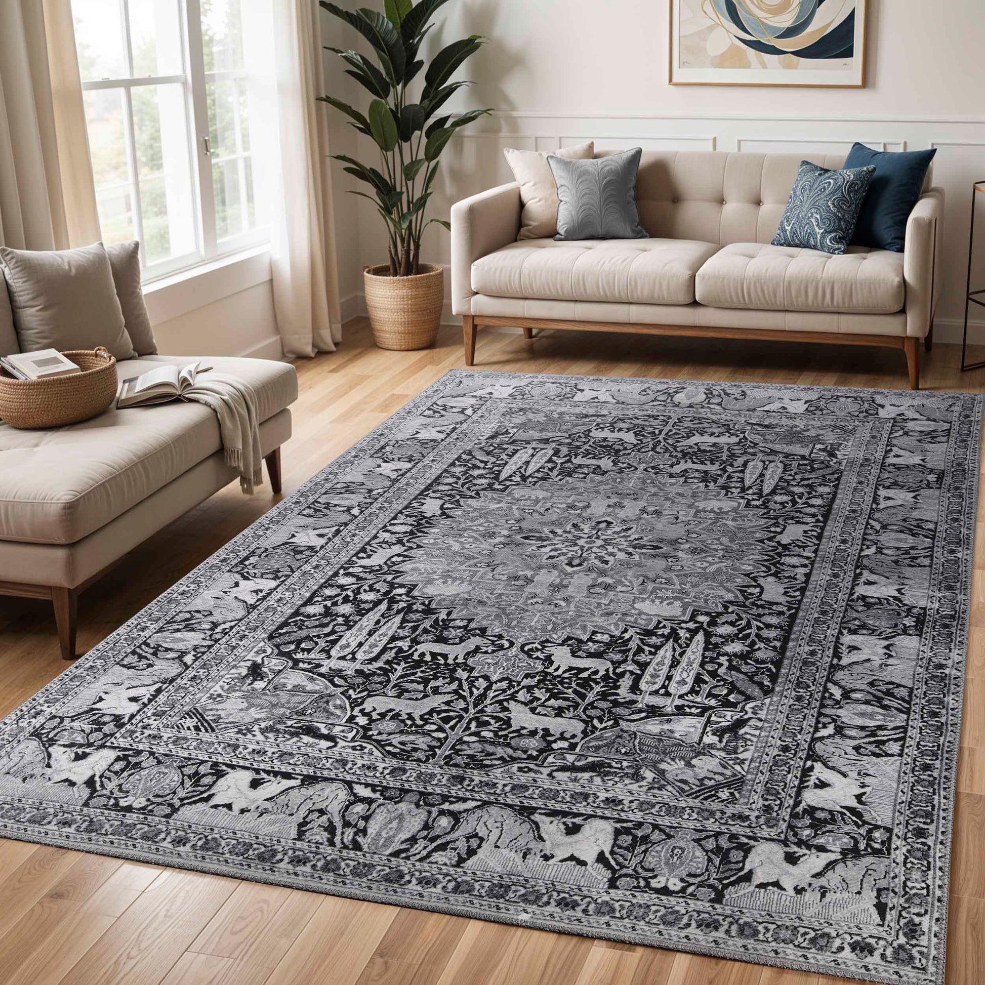 Copley Bohemian Oriental Medallion Wildlife Indoor Area Rug - Charcoal