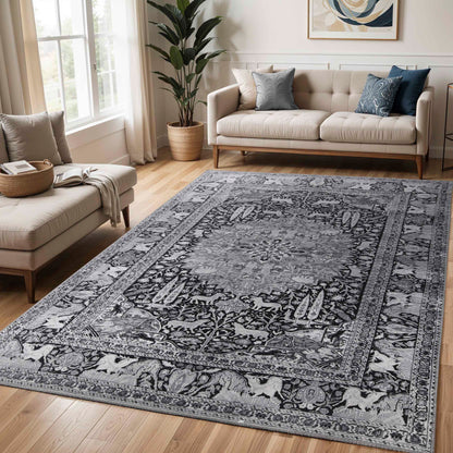Copley Bohemian Oriental Medallion Wildlife Indoor Area Rug - Charcoal