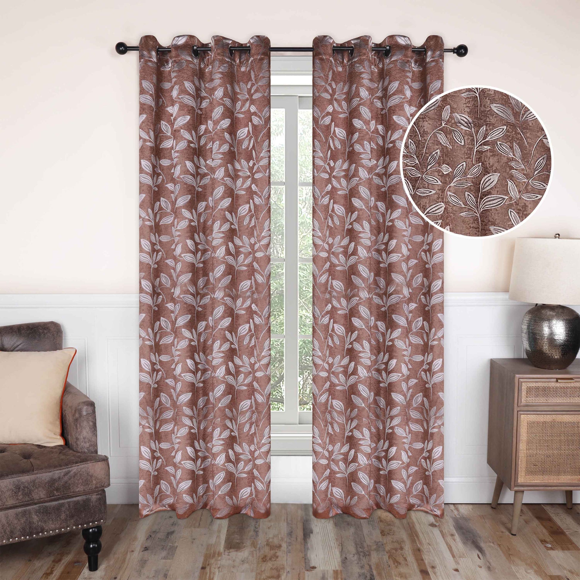 Leaves Machine Washable Room Darkening Blackout Curtains, Set of 2 - Copper