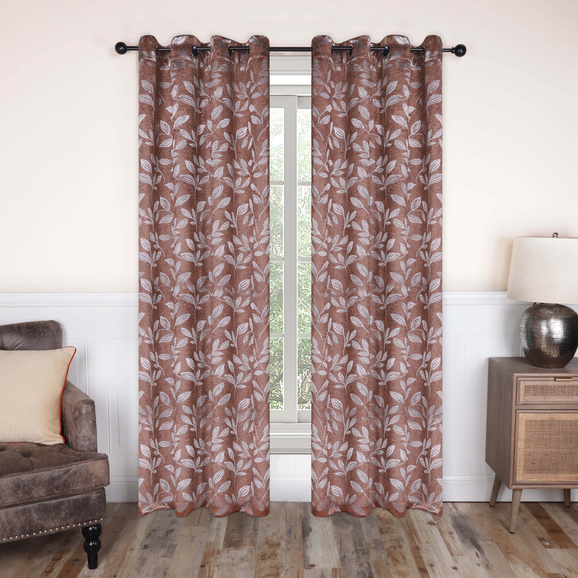 Leaves Machine Washable Room Darkening Blackout Curtains, Set of 2 - Copper