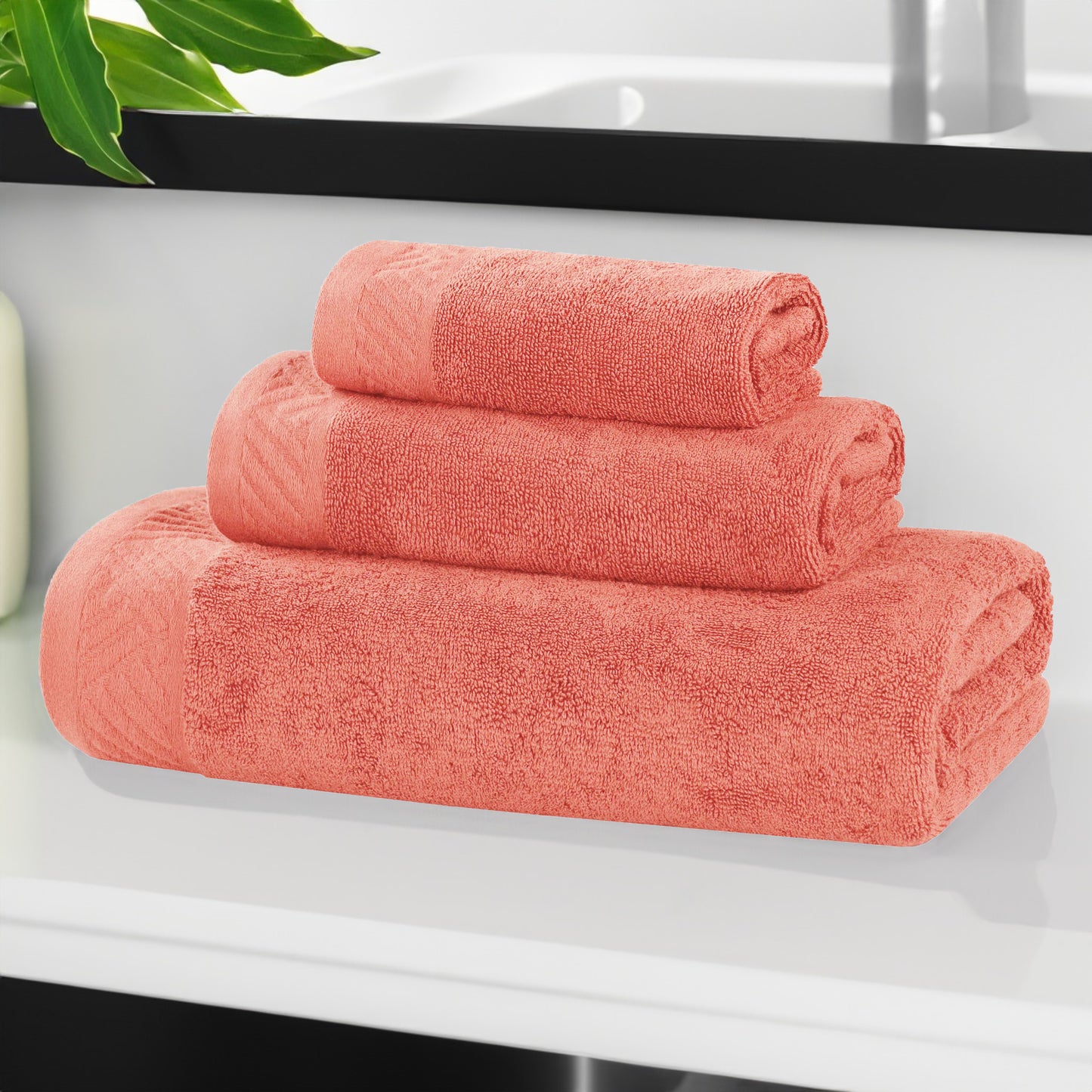 Basketweave Egyptian Cotton Solid 3 Piece Assorted Towel Set - Coral