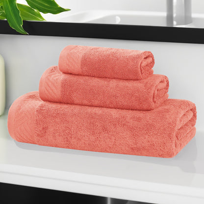 Basketweave Egyptian Cotton Solid 3 Piece Assorted Towel Set - Coral