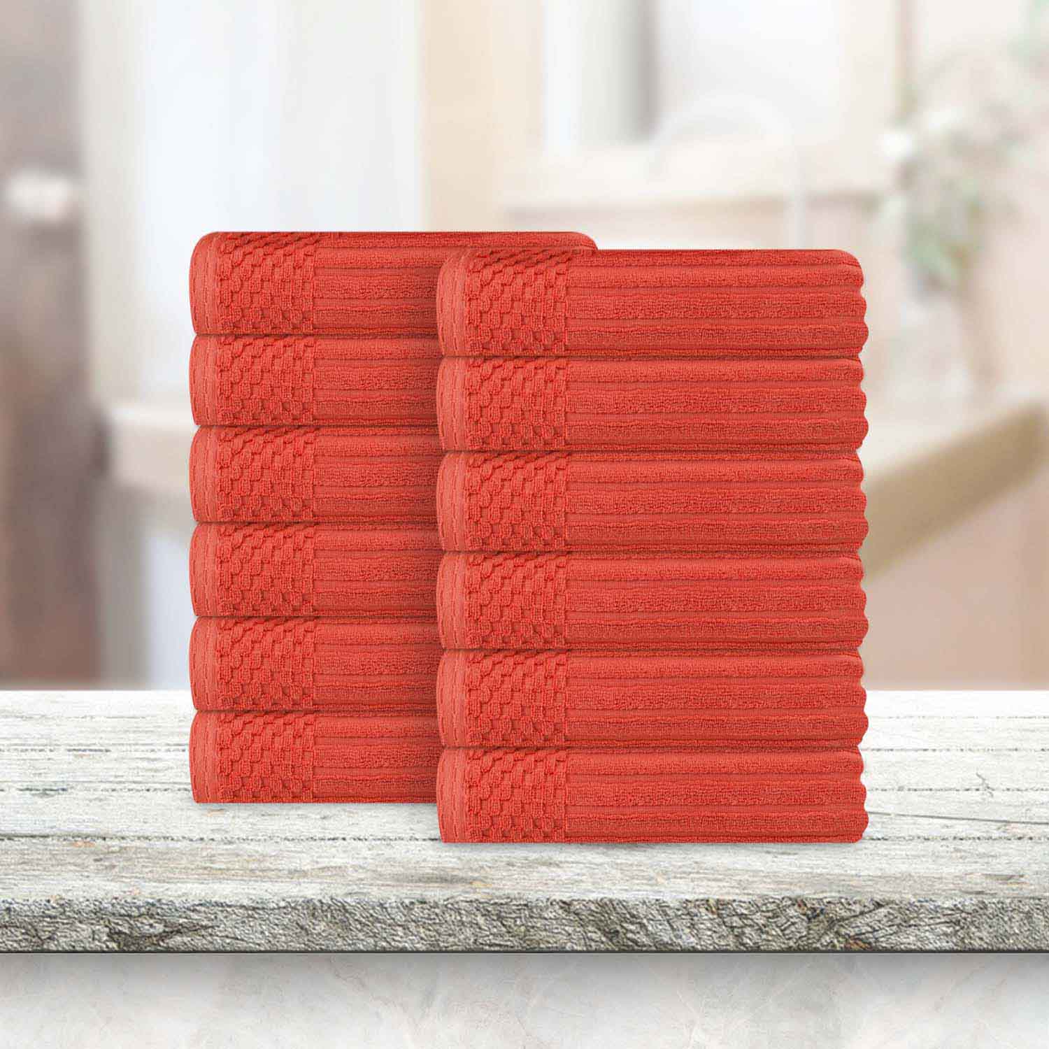 Soho Ribbed Cotton Absorbent Face Towel / Washcloth Set of 12 - Coral