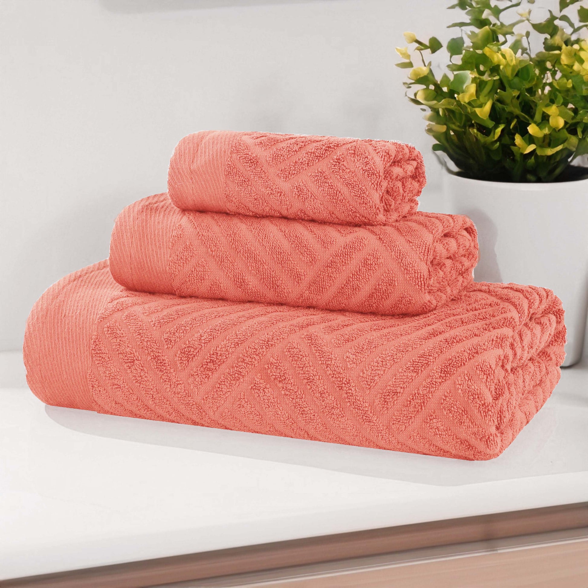 Basketweave Egyptian Cotton Jacquard 3 Piece Assorted Towel Set - Coral