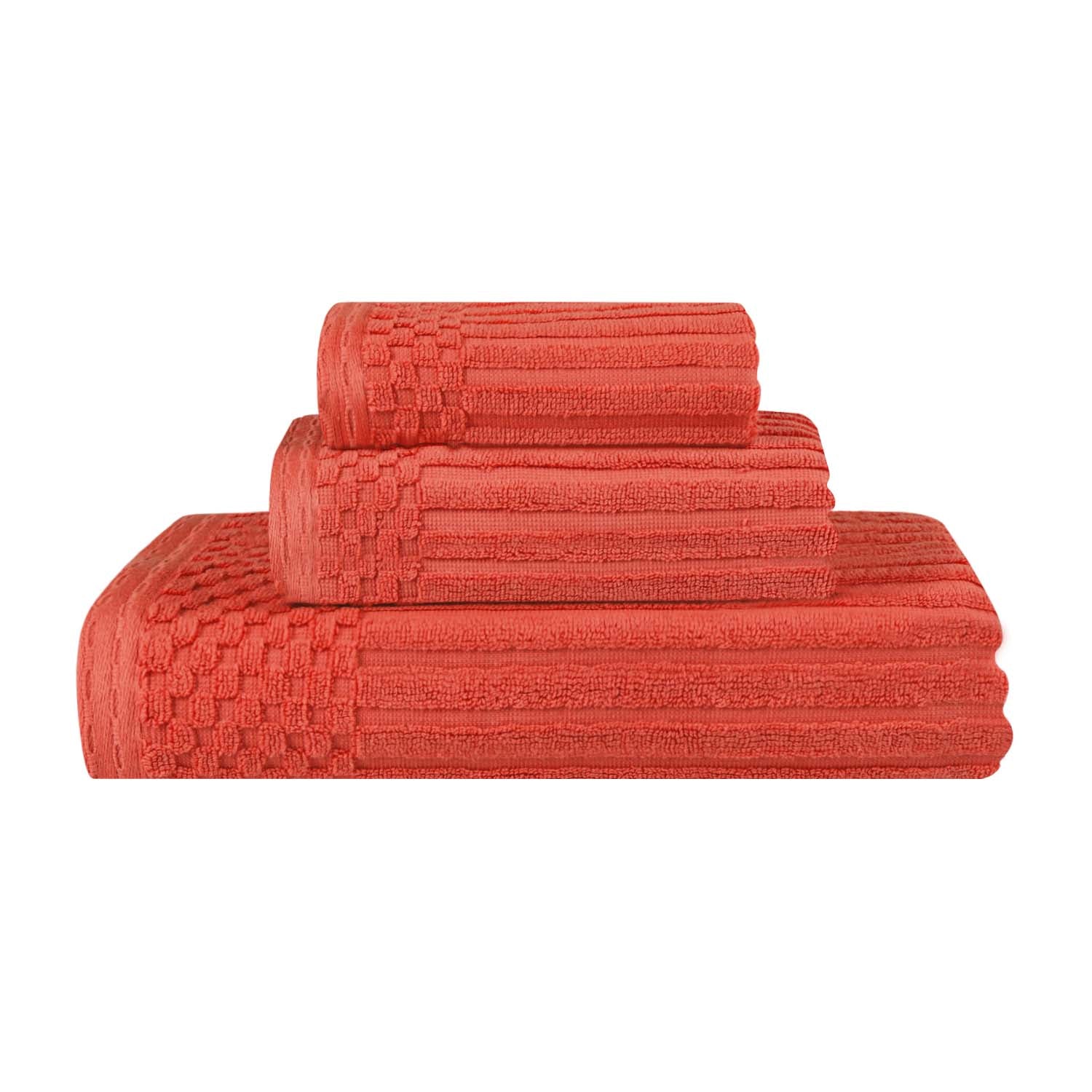 Soho Ribbed Cotton Absorbent 3 Piece Assorted Towel Set - Coral