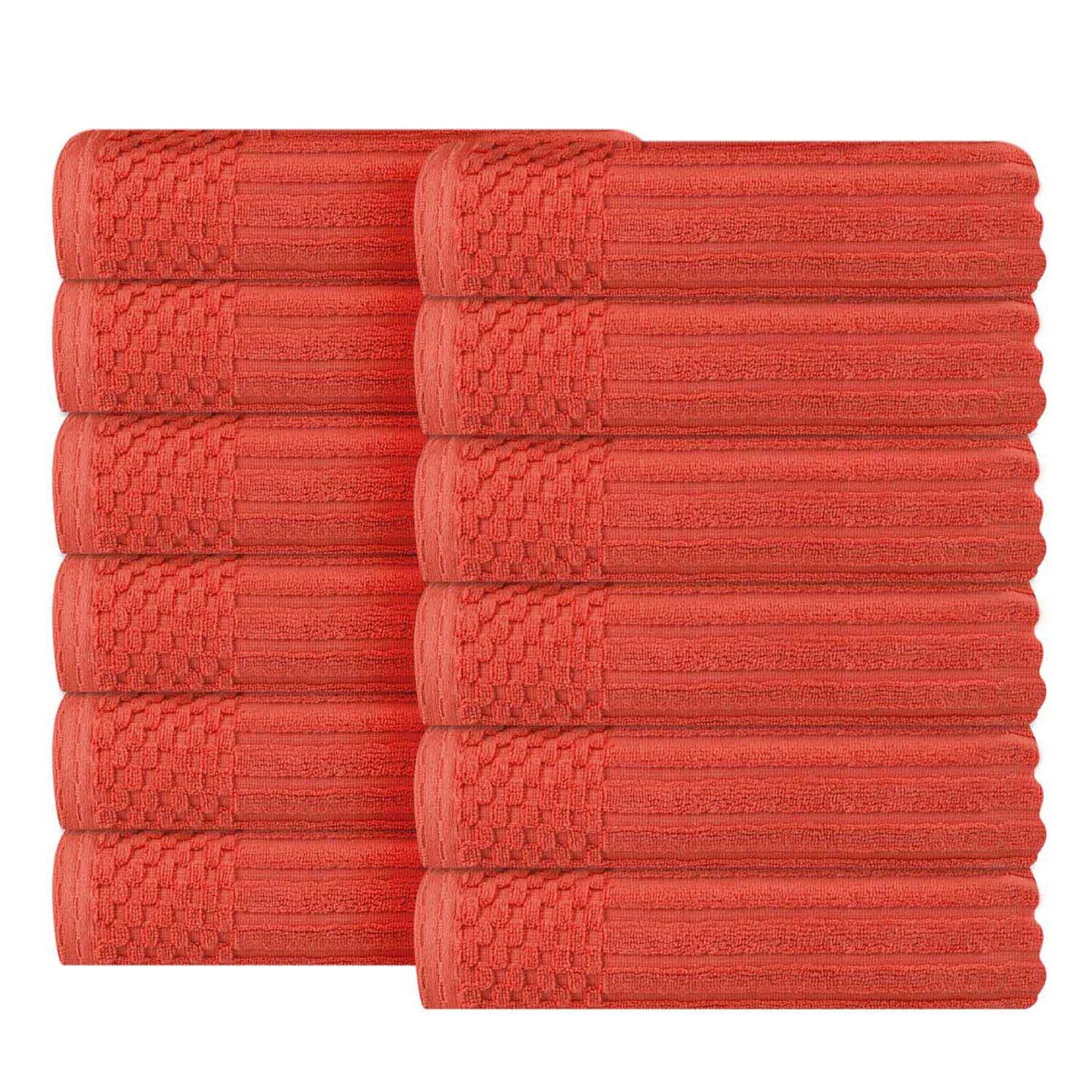 Soho Ribbed Cotton Absorbent Face Towel / Washcloth Set of 12 - Coral