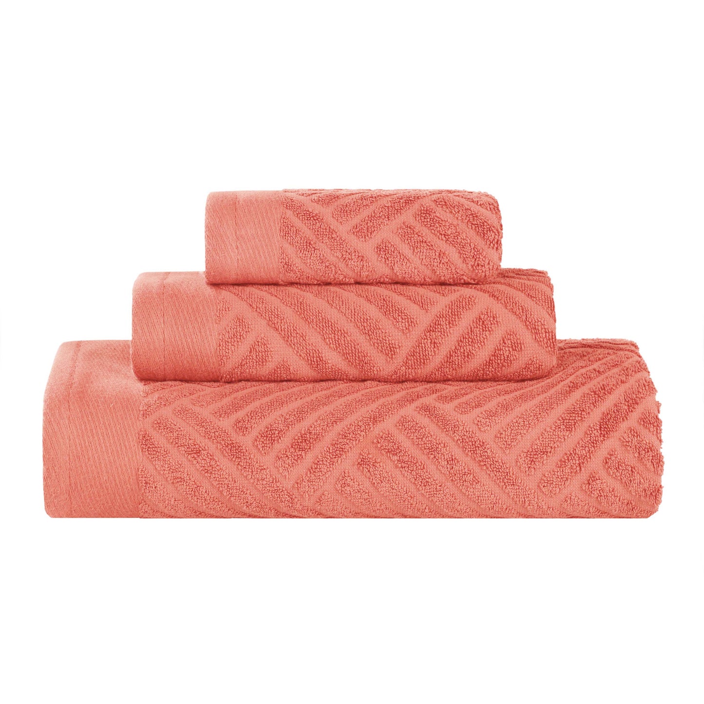 Basketweave Egyptian Cotton Jacquard 3 Piece Assorted Towel Set - Coral