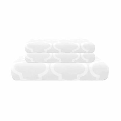 Superior Cotton 300-Thread Count Reversible Modern Geometric Trellis Duvet Cover Set with Button Closure - White