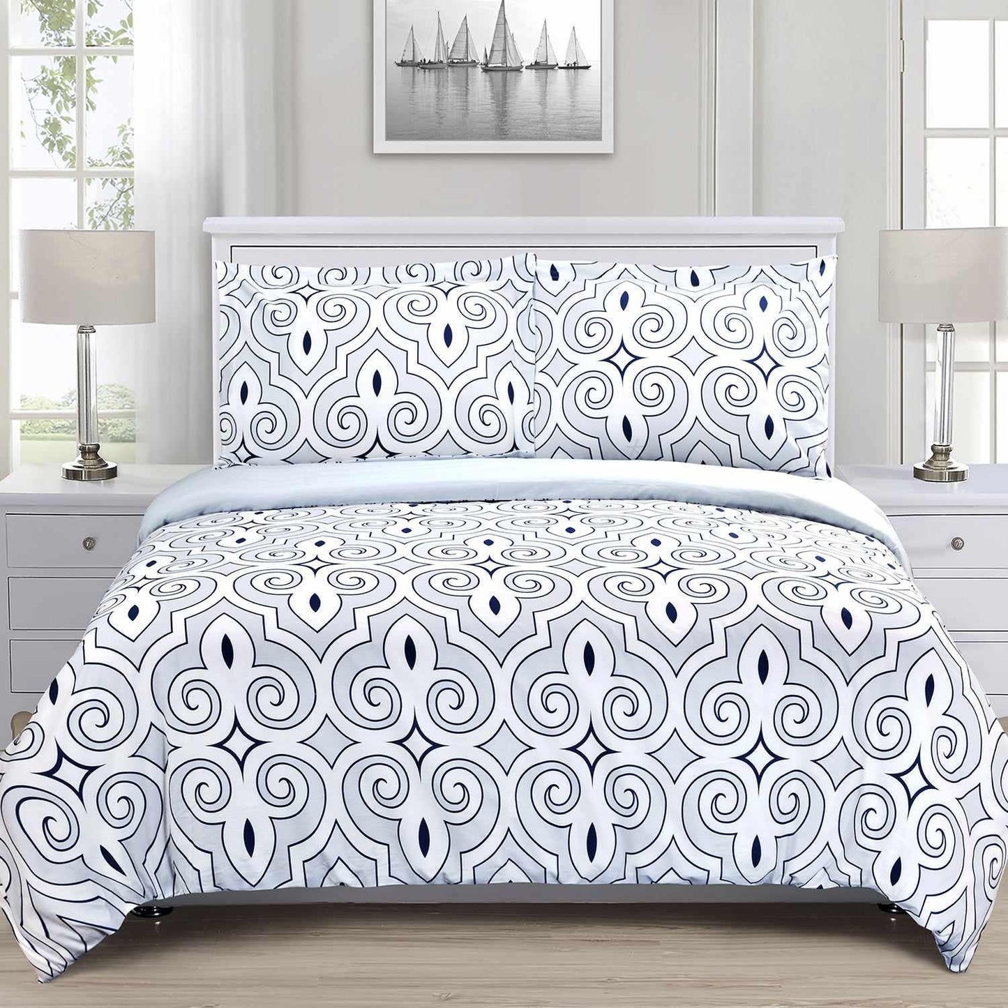 Superior Cotton Modern Geometric Clarendon Reversible Duvet Cover Set with Button Closure - White/Blue