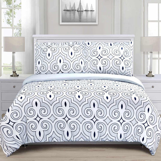Superior Cotton Modern Geometric Clarendon Reversible Duvet Cover Set with Button Closure - White/Blue