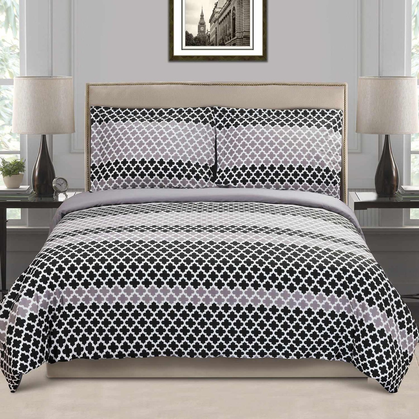 Superior Cotton Modern Geometric Trellis Sutton Duvet Cover Set with Button Closure - Black/Grey