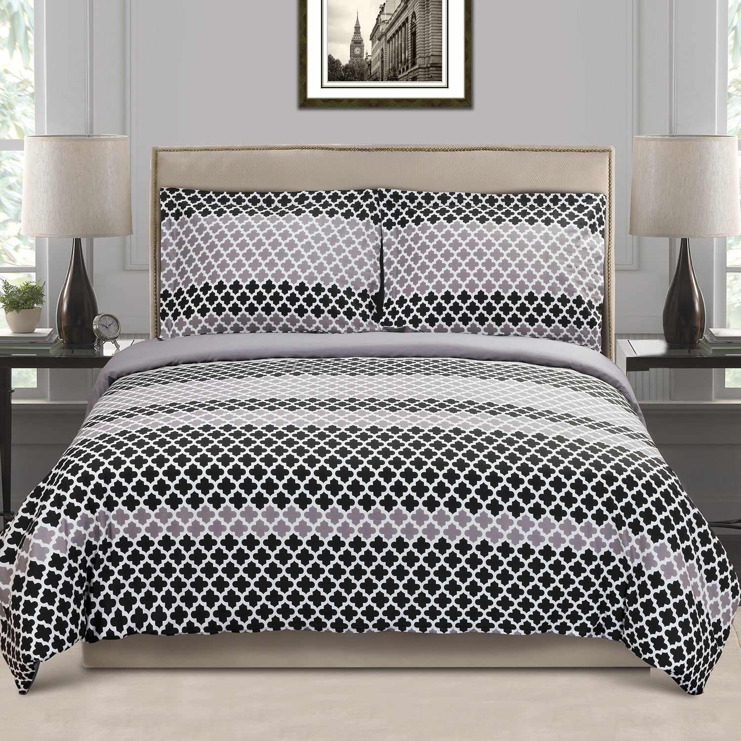 Superior Cotton Modern Geometric Trellis Sutton Duvet Cover Set with Button Closure - Black/Grey