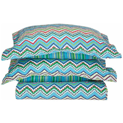 Cotton Modern Geometric Zig Zag Reversible Quilt and Sham Set - Blue