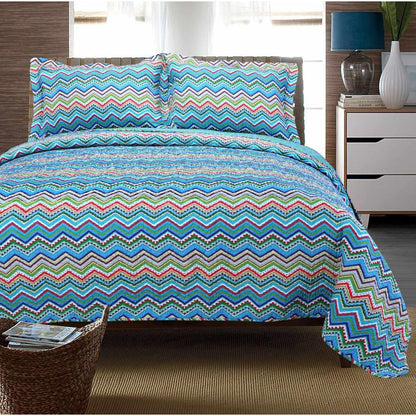 Cotton Modern Geometric Zig Zag Reversible Quilt and Sham Set - Blue