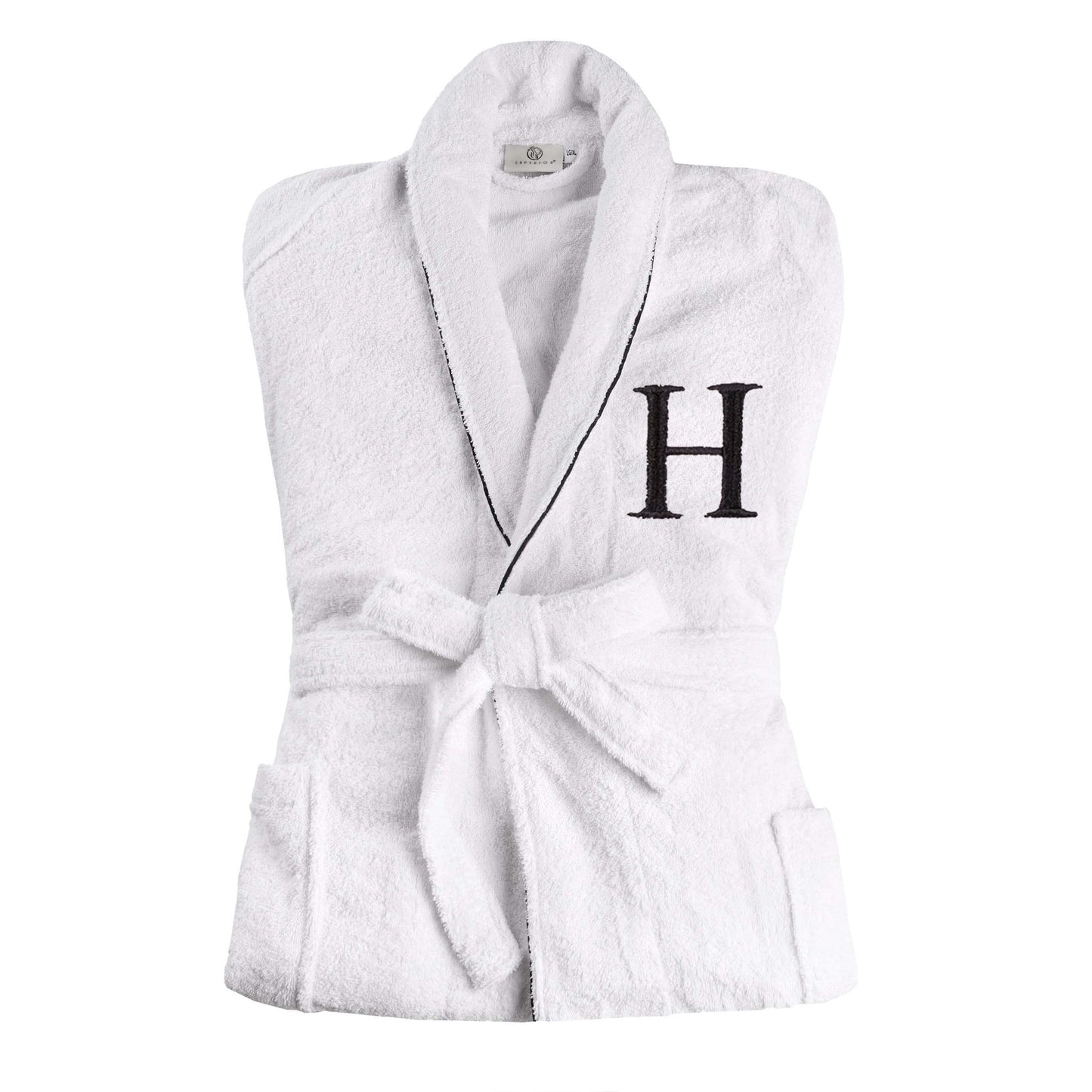 Cotton Adult Unisex Embroidered Fluffy Bathrobe White - Letter H