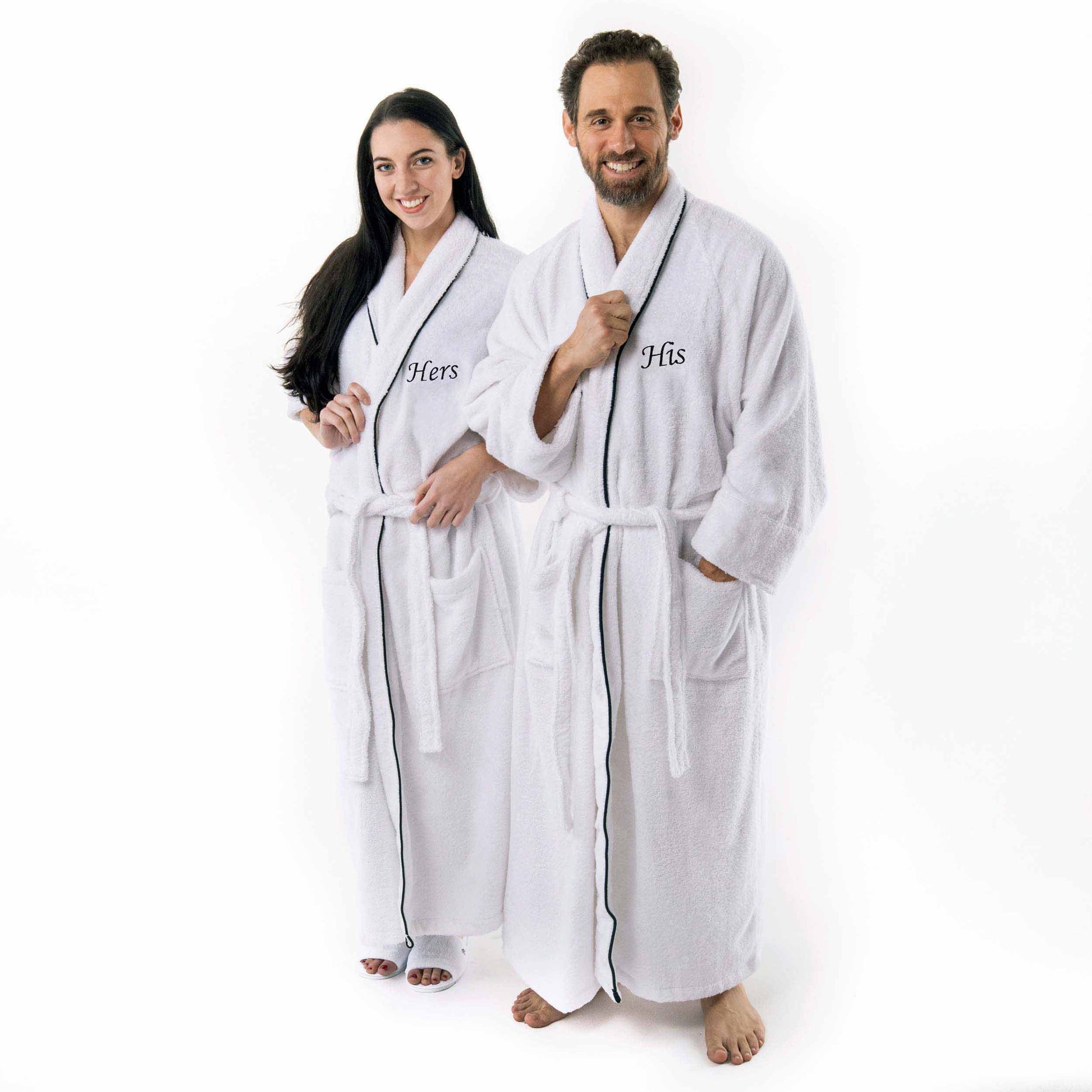 Cotton Embroidered Fluffy Bathrobe Adult Unisex Bath Robe White - His-Her